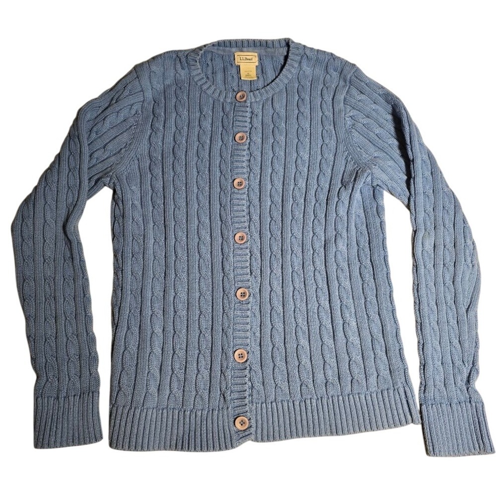 LL Bean Womens Blue Cable Knit Cotton Button Front Cardigan Sweater M